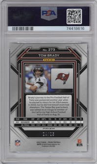 Tom Brady from the 2022 Panini Prizm set featuring a Blue Shimmer parallel graded by PSA and given an overall grade of 10.