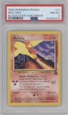 Moltres from the 2000 Pokemon set featuring a Aoki Error parallel graded by PSA and given an overall grade of 8.