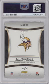 T.J. Hockenson from the 2023 Panini Select set featuring a Black Prizm parallel graded by PSA and given an overall grade of 10.