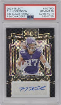 T.J. Hockenson from the 2023 Panini Select set featuring a Black Prizm parallel graded by PSA and given an overall grade of 10.