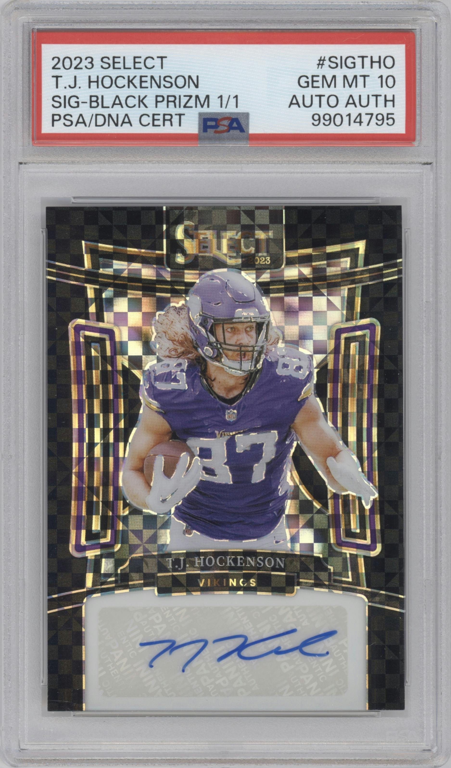 T.J. Hockenson from the 2023 Panini Select set featuring a Black Prizm parallel graded by PSA and given an overall grade of 10.