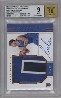 Luka Doncic from the 2018-19 Panini National Treasures set featuring a Bronze parallel graded by Beckett and given an overall grade of 9.
