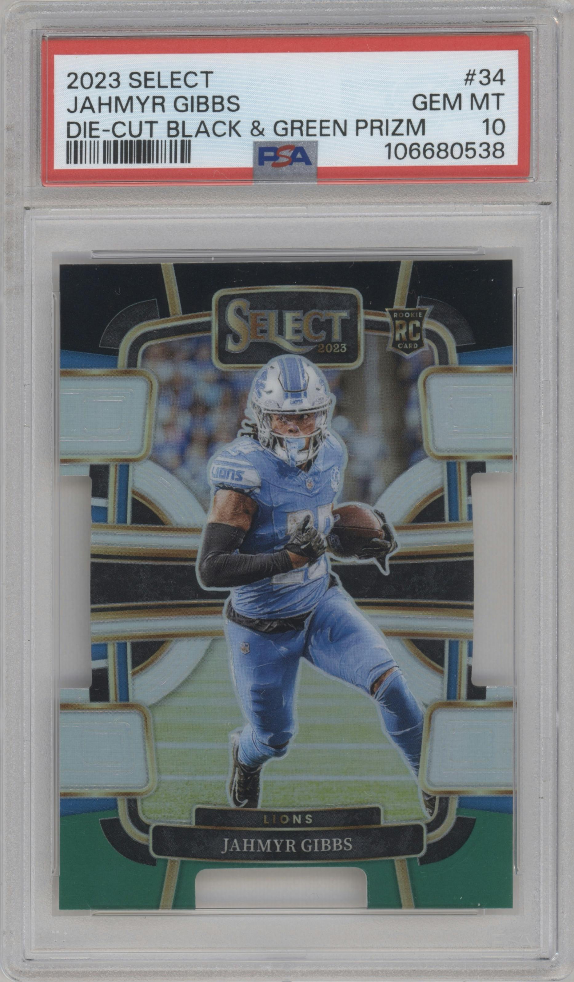 Jahmyr Gibbs from the 2023 Panini Select set featuring a Die-Cut Black & Green parallel graded by PSA and given an overall grade of 10.
