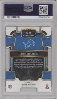 Jahmyr Gibbs from the 2023 Panini Select set featuring a Die-Cut Black & Green parallel graded by PSA and given an overall grade of 10.