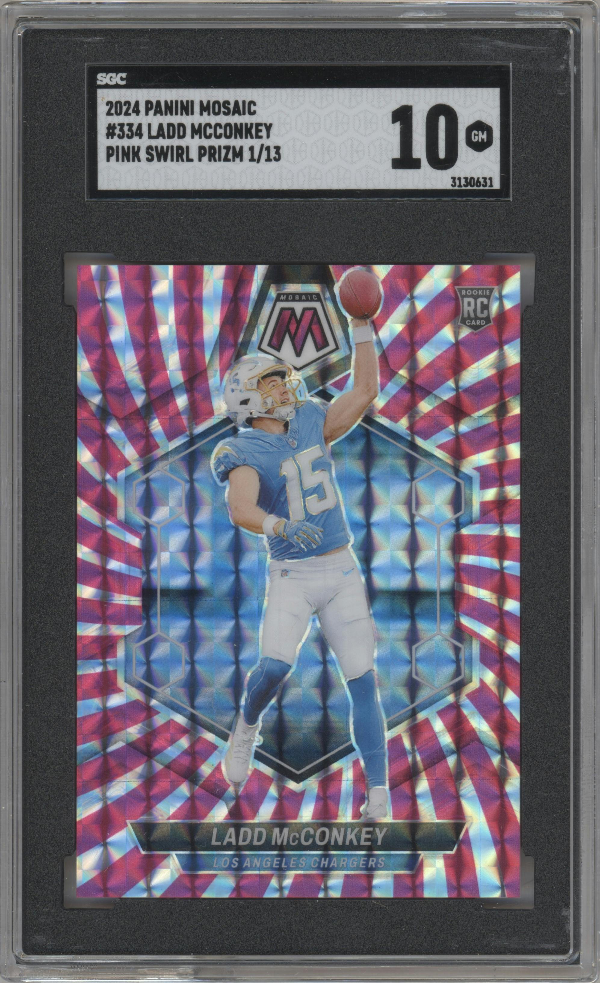 Ladd McConkey from the 2024 Panini Mosaic set featuring a Pink Swirl parallel graded by SGC and given an overall grade of 10.