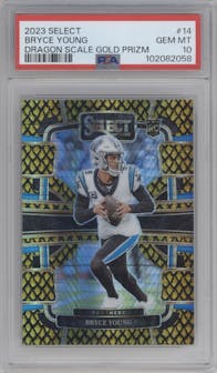 Bryce Young from the 2023 Panini Select set featuring a Gold Dragon Scale parallel graded by PSA and given an overall grade of 10.