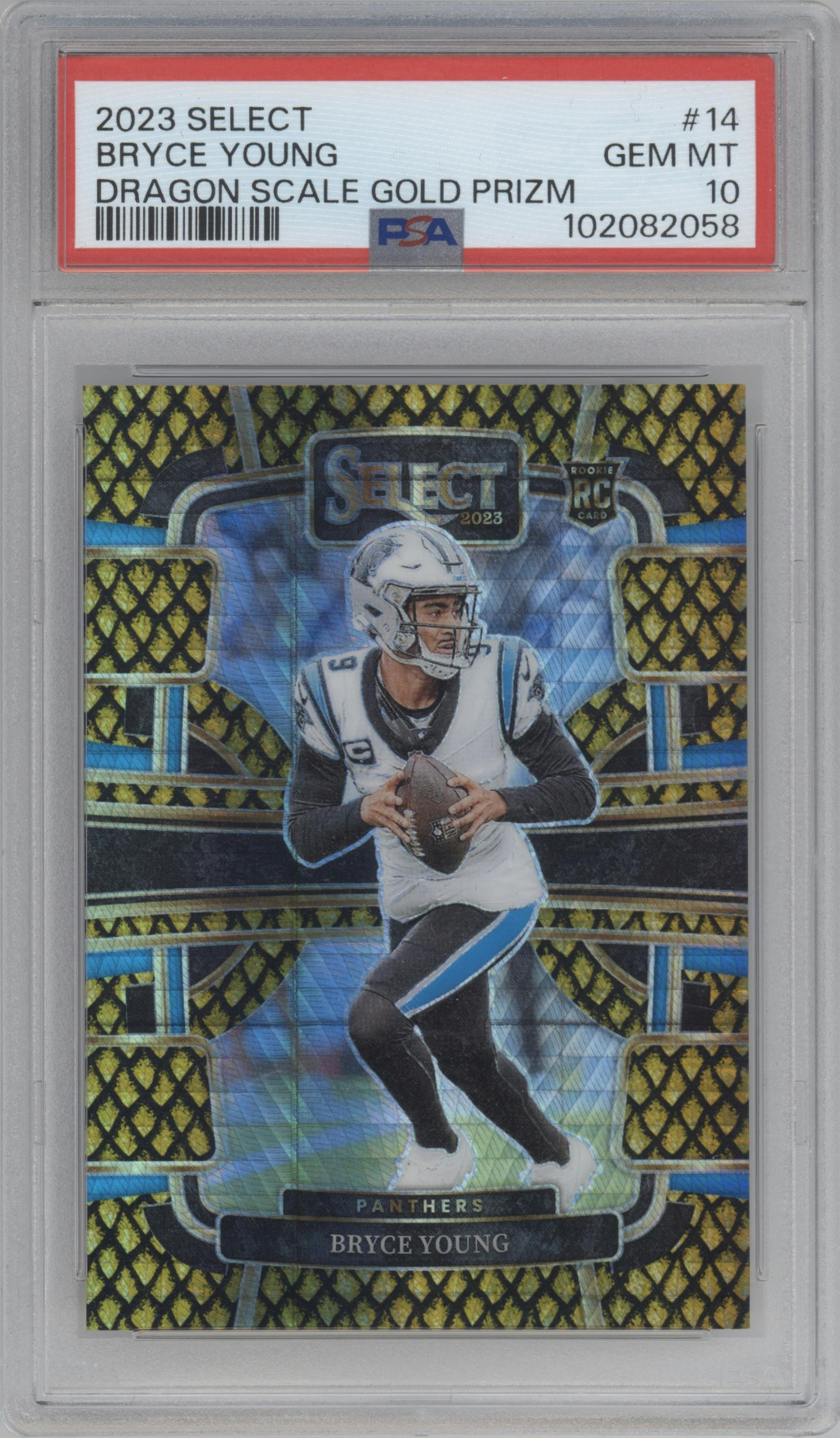 Bryce Young from the 2023 Panini Select set featuring a Gold Dragon Scale parallel graded by PSA and given an overall grade of 10.