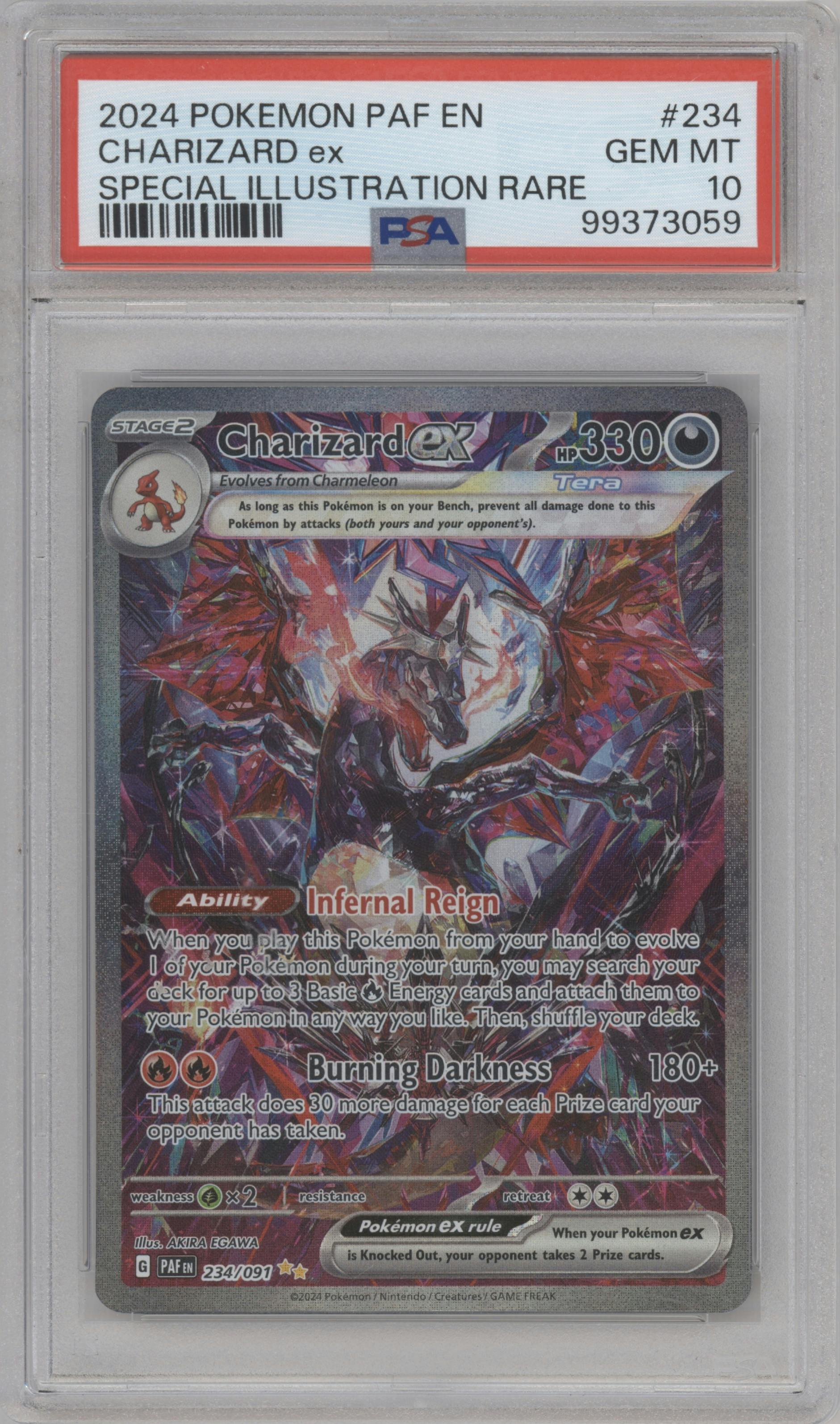Charizard ex from the 2024 Pokemon SV set graded by PSA and given an overall grade of 10.