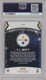 T.J. Watt from the 2024 Panini Certified set featuring a Mirror Purple  parallel graded by PSA and given an overall grade of 10.