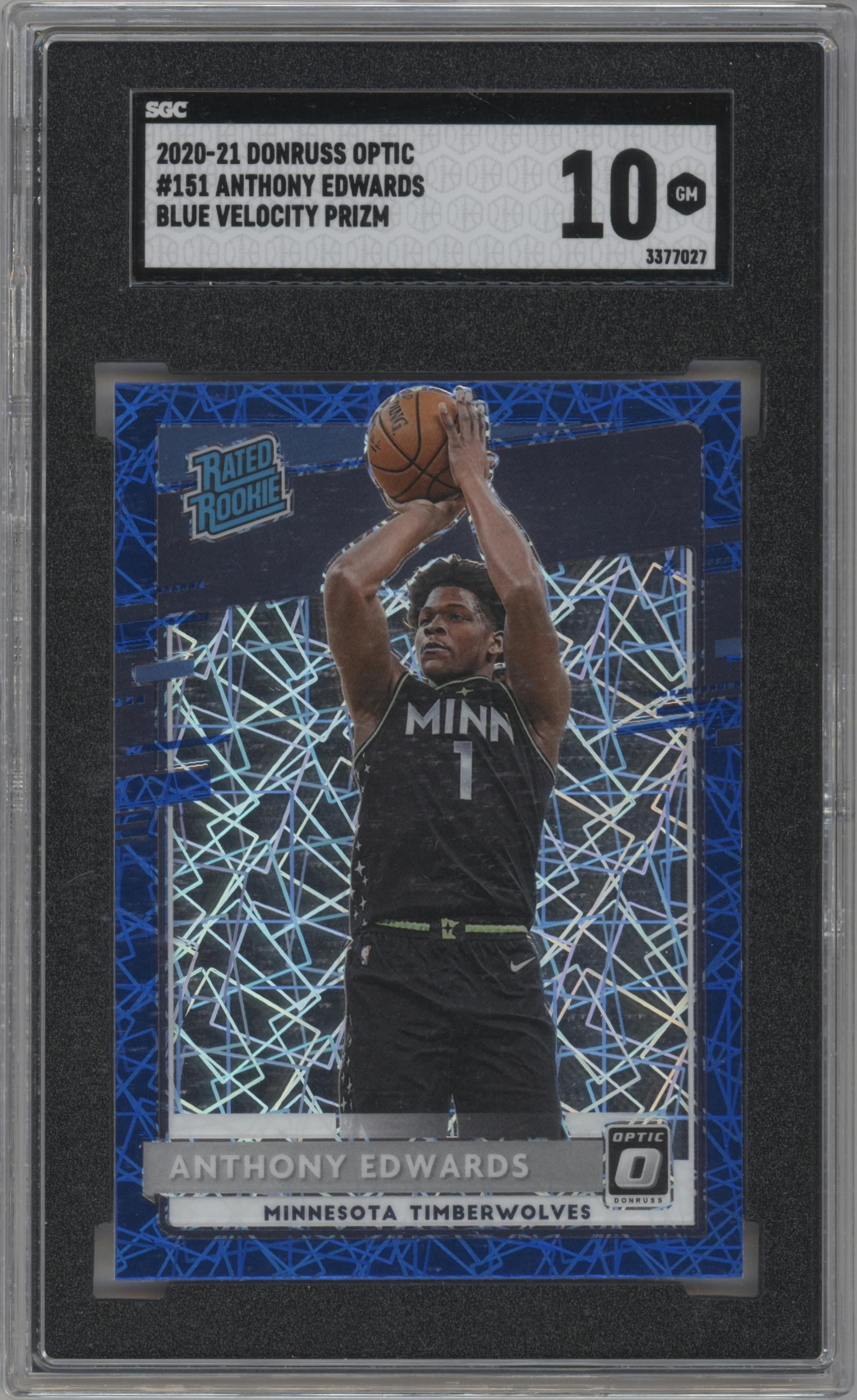 Anthony Edwards from the 2020-21 Panini Donruss Optic set featuring a Blue Velocity  parallel graded by SGC and given an overall grade of 10.
