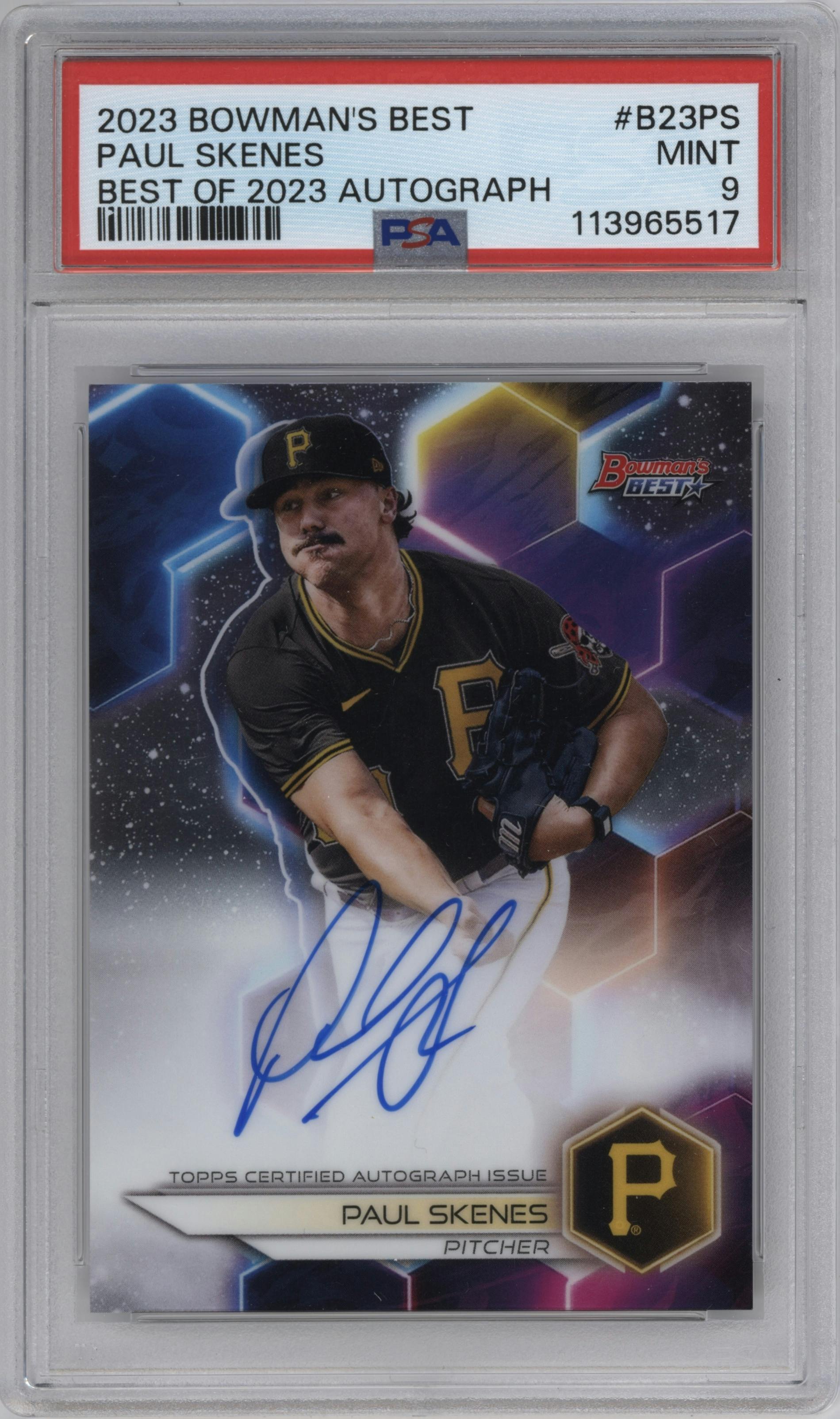 Paul Skenes from the 2023 Bowman's Best set graded by PSA and given an overall grade of 9.