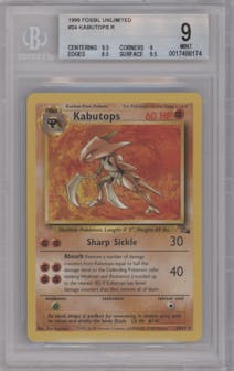 Kabutops from the 1999 Pokemon set graded by Beckett and given an overall grade of 9.