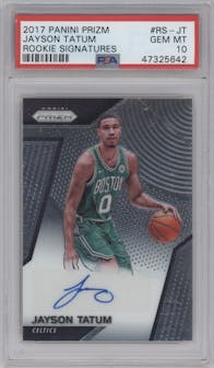 Jayson Tatum from the 2017-18 Panini Prizm  set graded by PSA and given an overall grade of 10.
