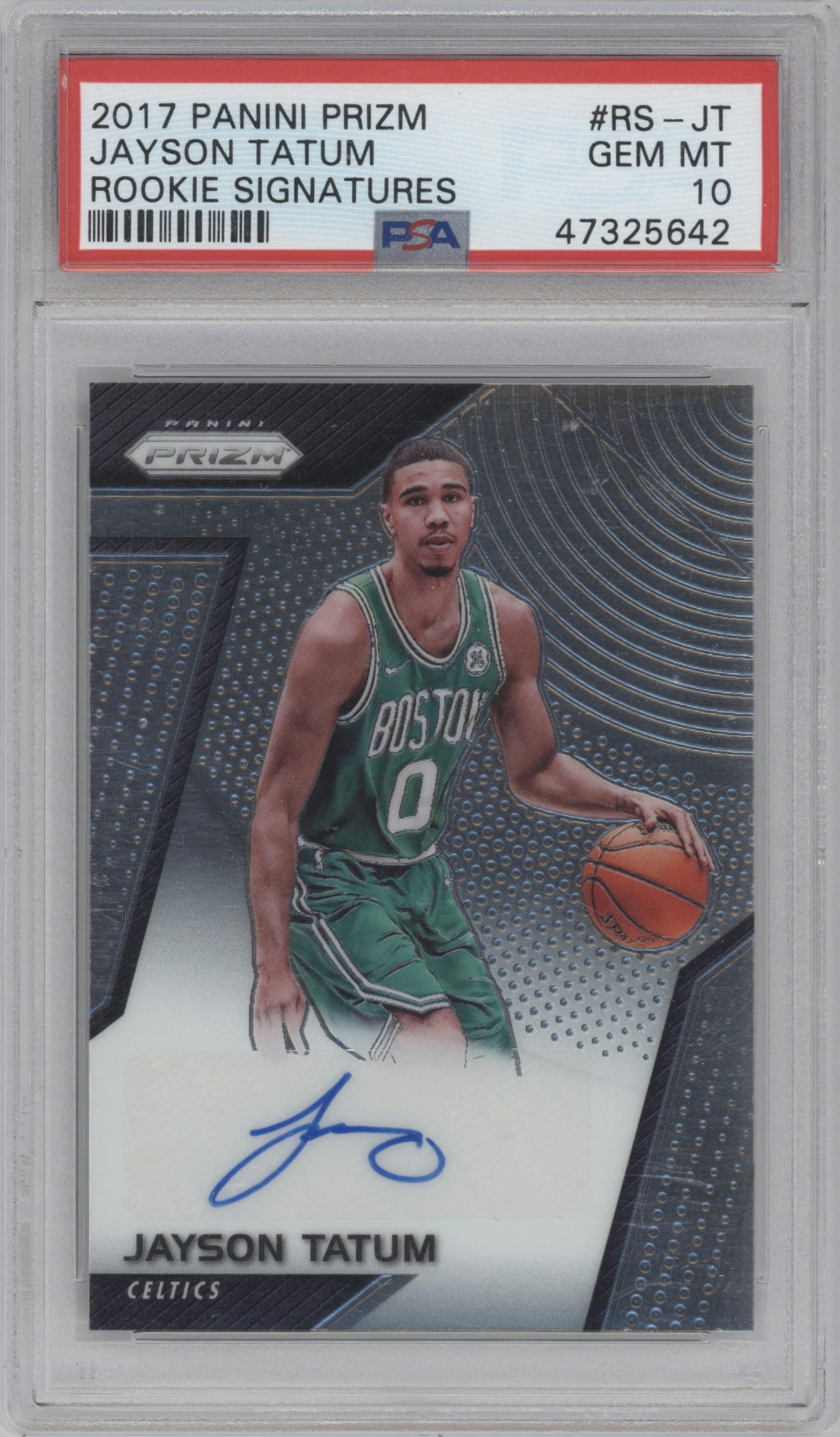 Jayson Tatum from the 2017-18 Panini Prizm  set graded by PSA and given an overall grade of 10.