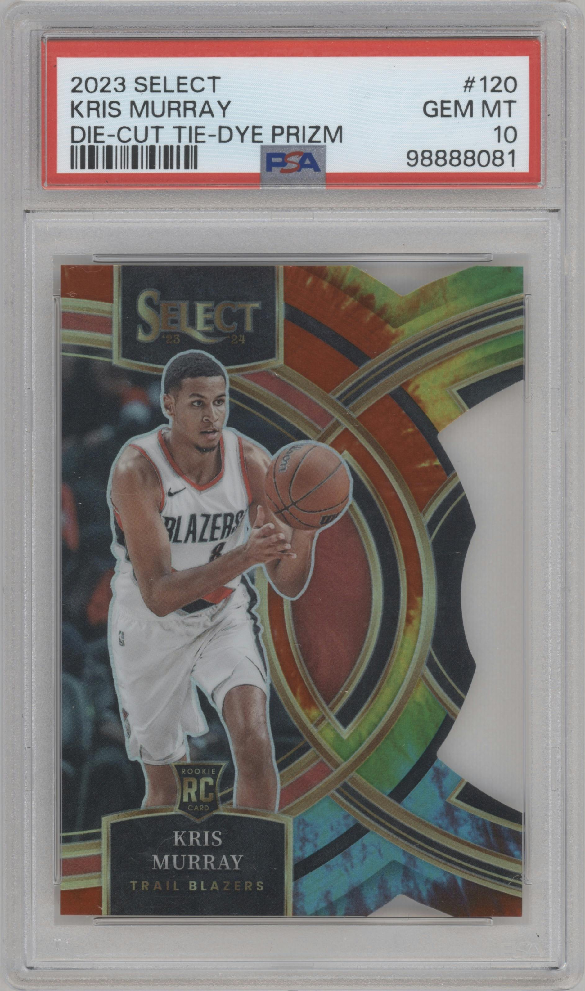 Kris Murray from the 2023-24 Panini Select  set featuring a Die-Cut Tie-Dye parallel graded by PSA and given an overall grade of 10.