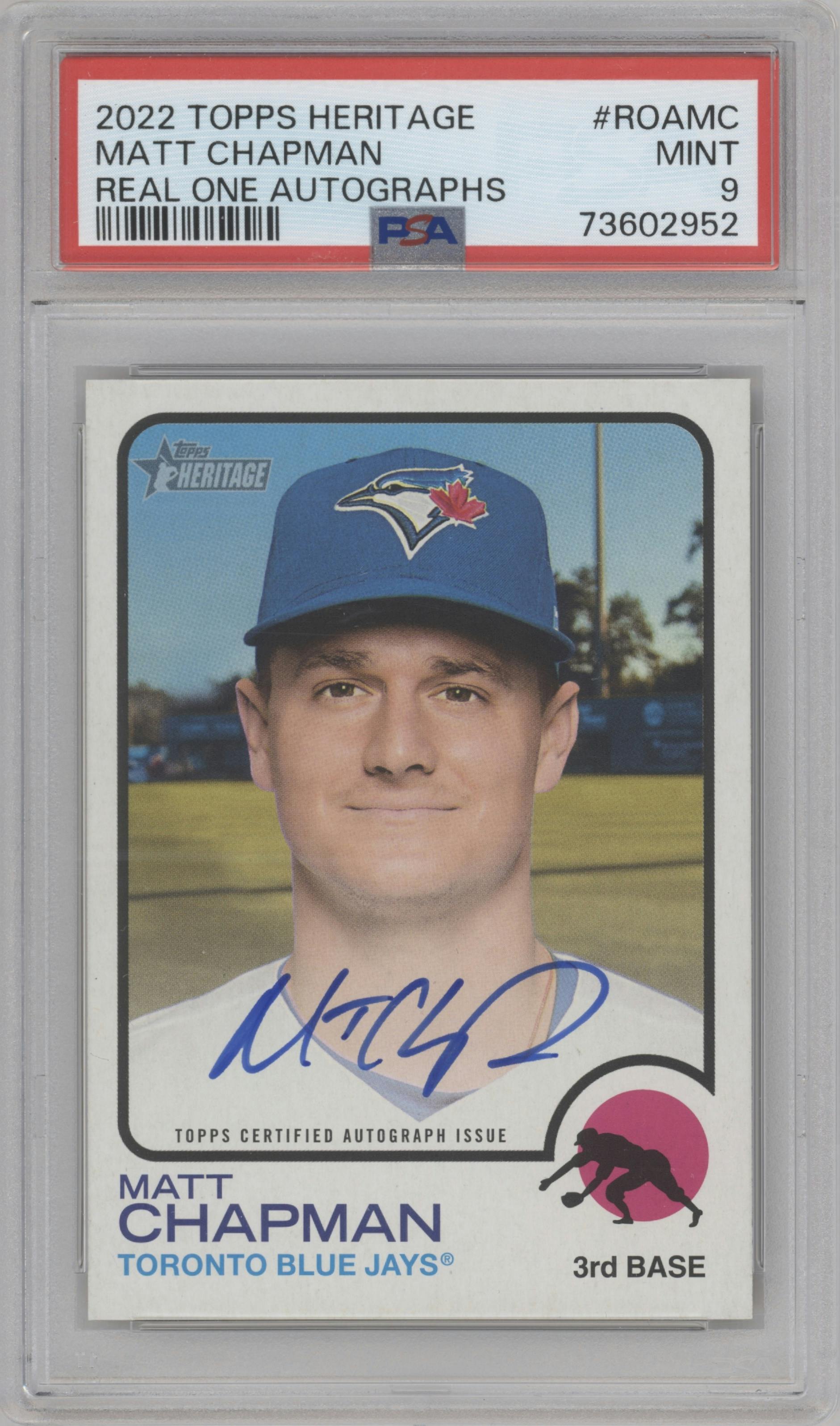 Matt Chapman from the 2022 Topps Heritage High Number set graded by PSA and given an overall grade of 9.