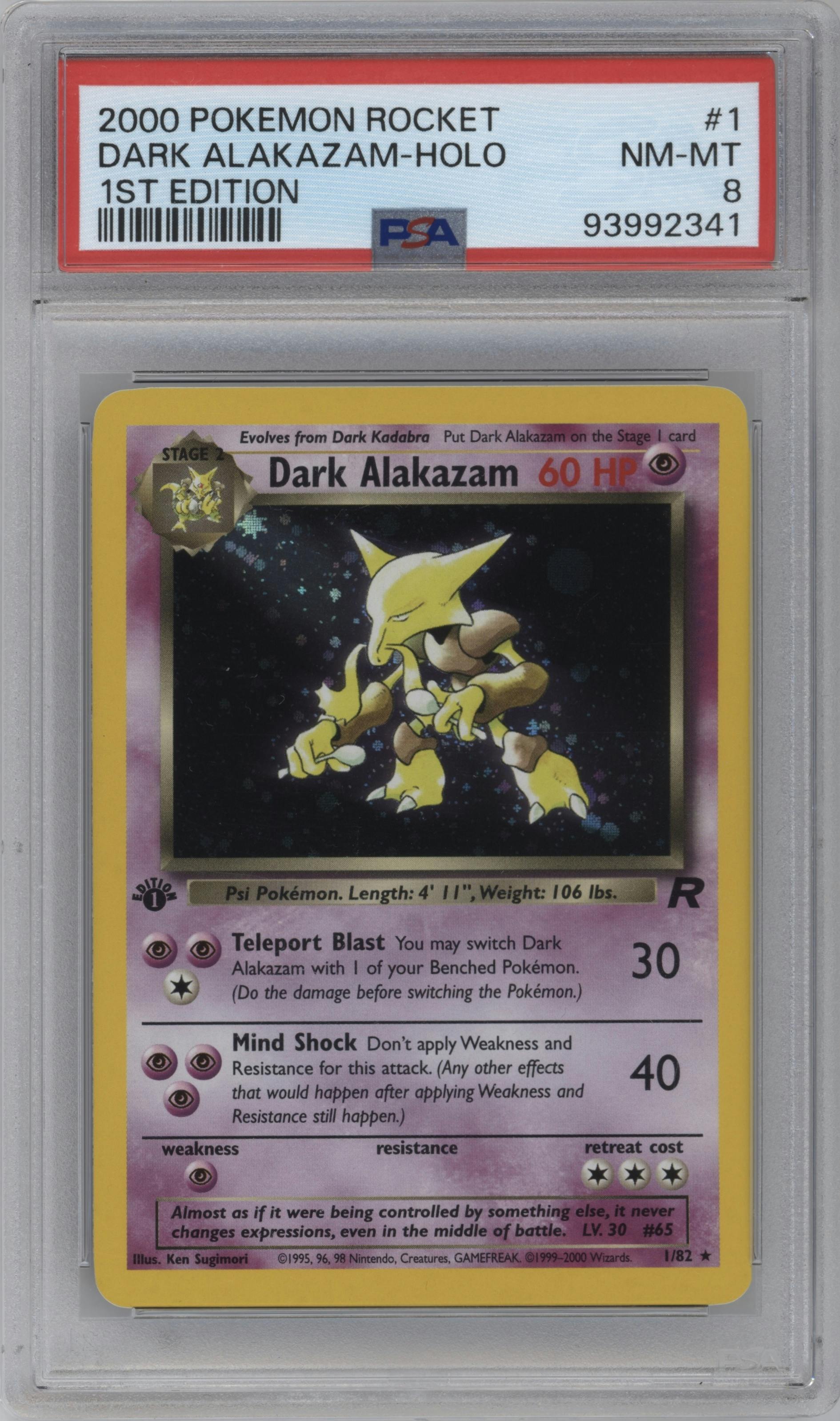 Dark Alakazam from the 2000 Pokemon set graded by PSA and given an overall grade of 8.