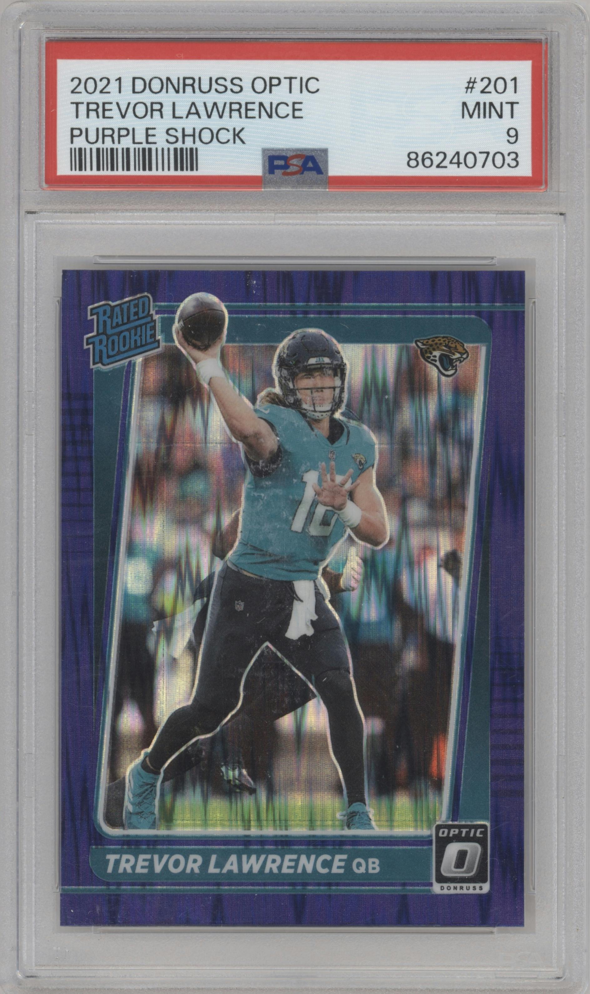 Trevor Lawrence from the 2021 Panini Donruss Optic set featuring a Purple Shock parallel graded by PSA and given an overall grade of 9.