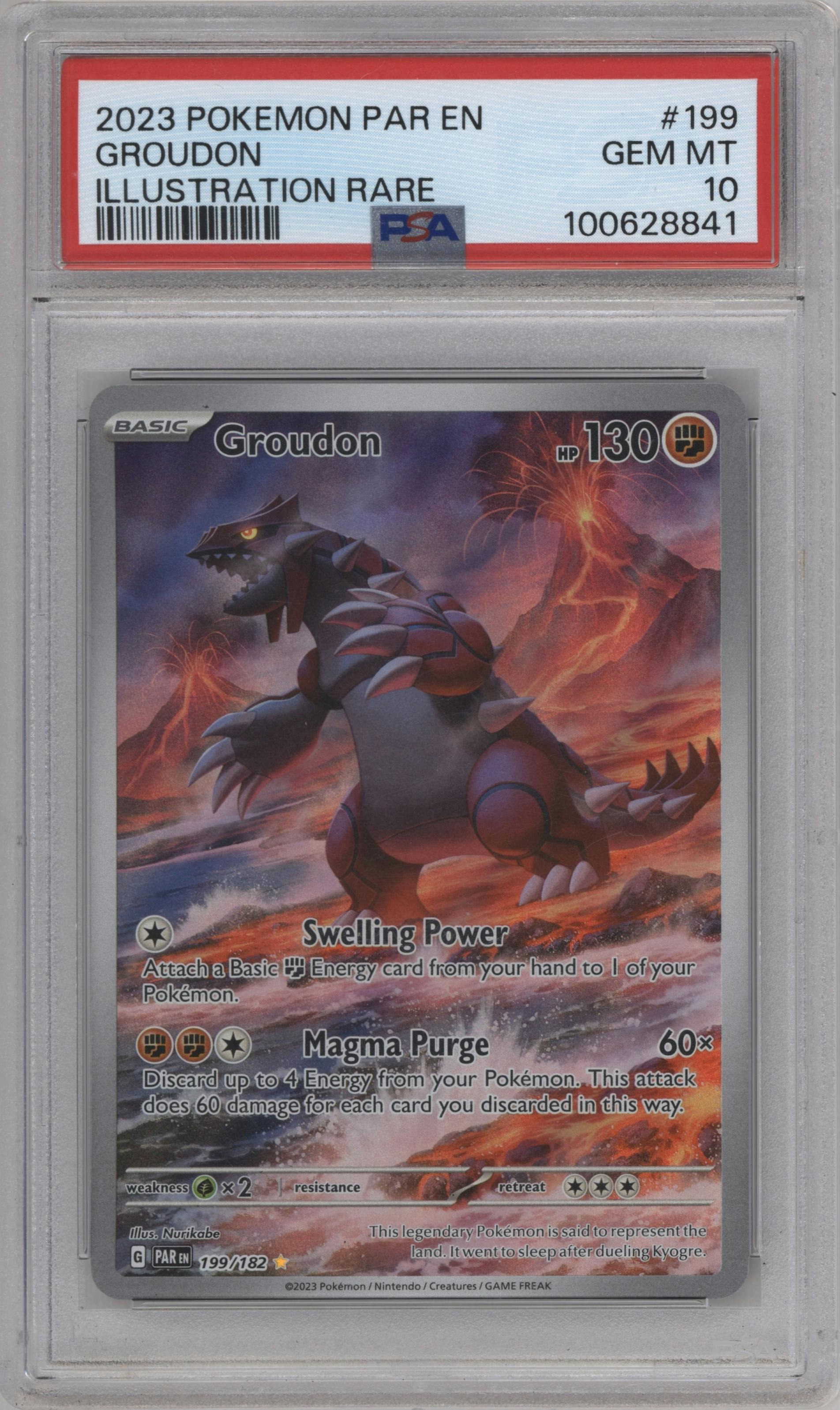 Groudon from the 2023 Pokemon SV set graded by PSA and given an overall grade of 10.
