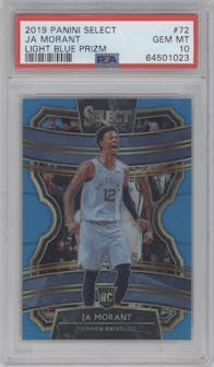 Ja Morant from the 2019-20 Panini Select set featuring a Light Blue Prizm parallel graded by PSA and given an overall grade of 10.
