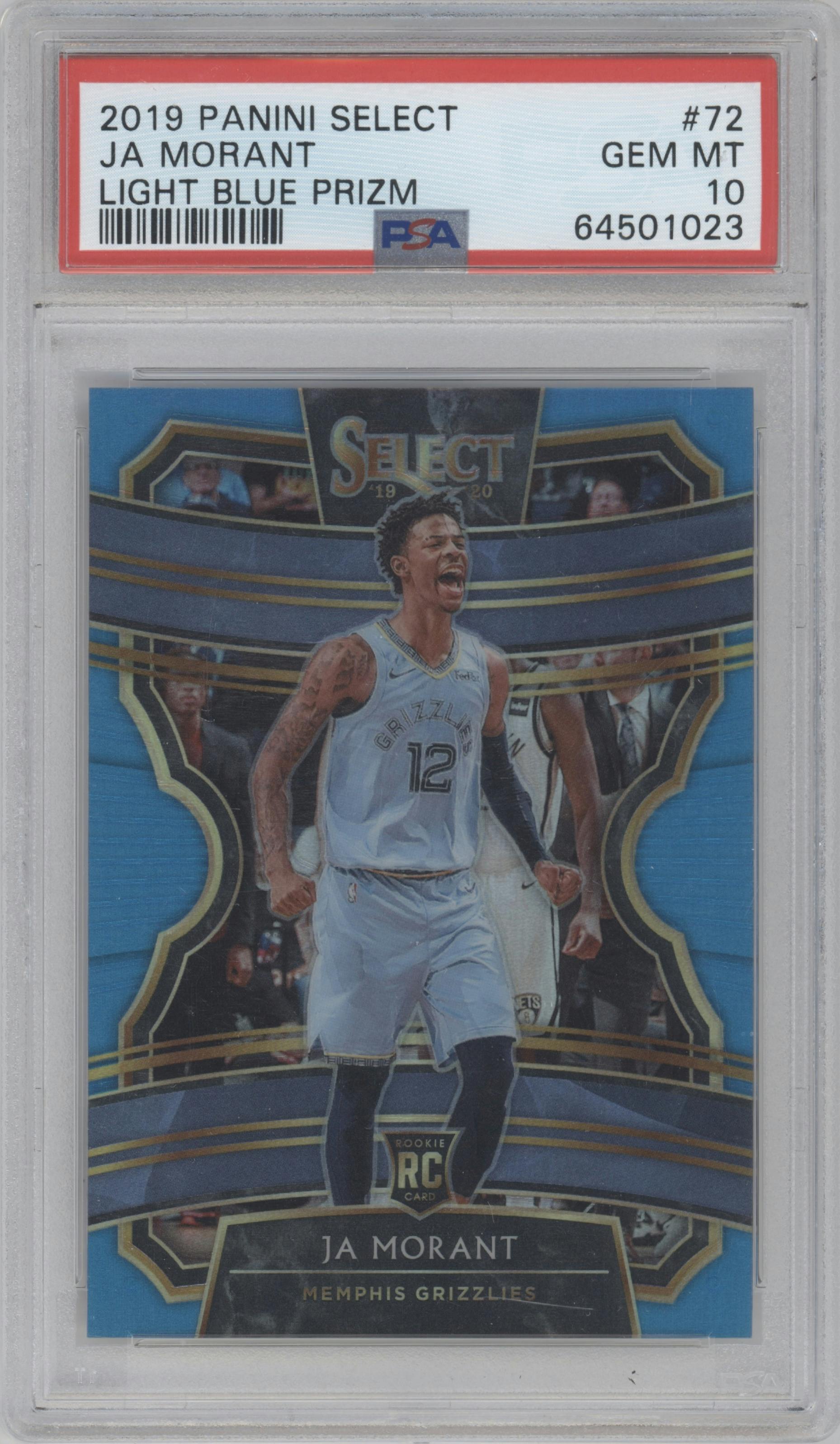 Ja Morant from the 2019-20 Panini Select set featuring a Light Blue Prizm parallel graded by PSA and given an overall grade of 10.