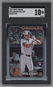 Jackson Holliday from the 2024 Topps Chrome set featuring a Refractor parallel graded by SGC and given an overall grade of 10.