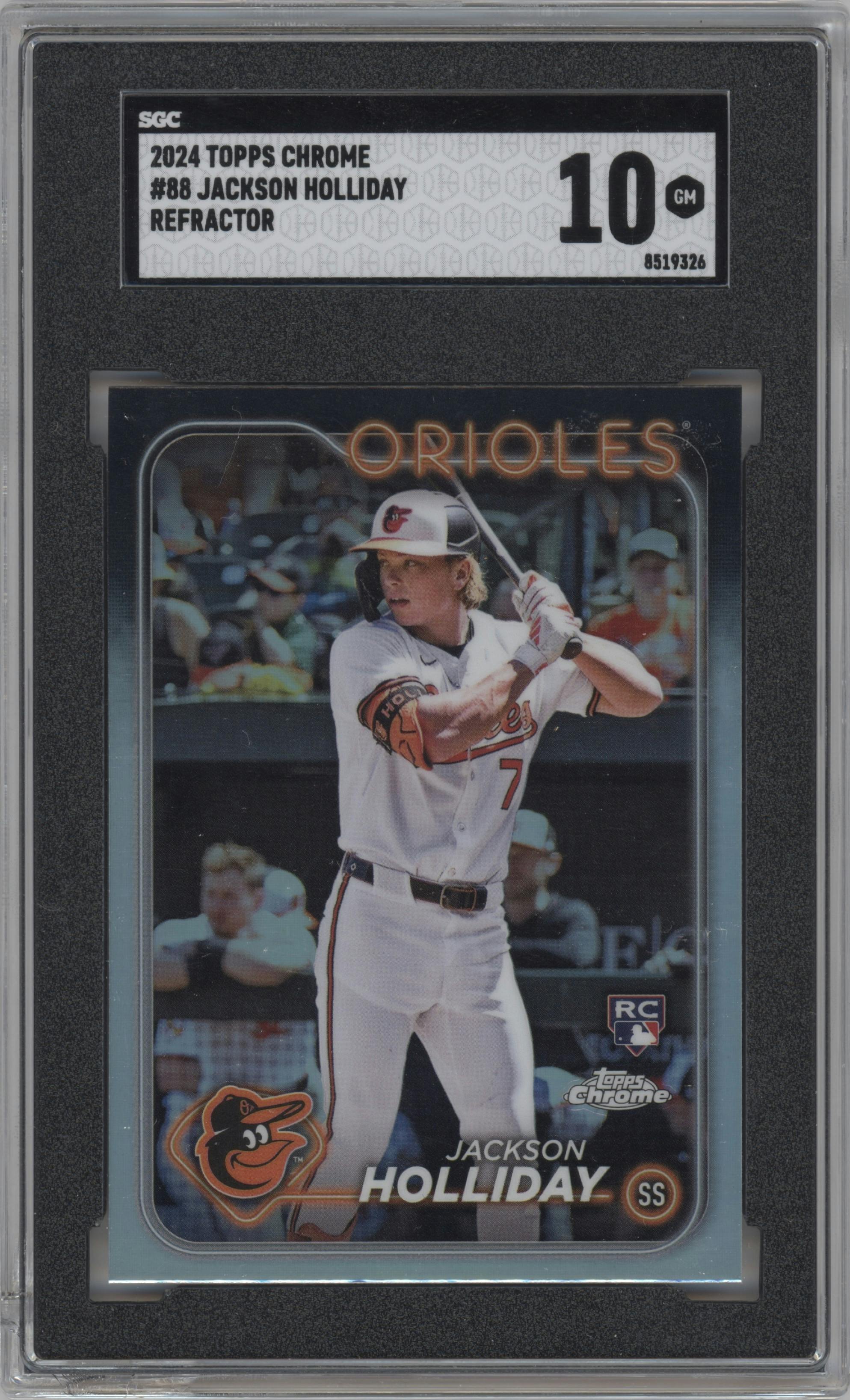 Jackson Holliday from the 2024 Topps Chrome set featuring a Refractor parallel graded by SGC and given an overall grade of 10.