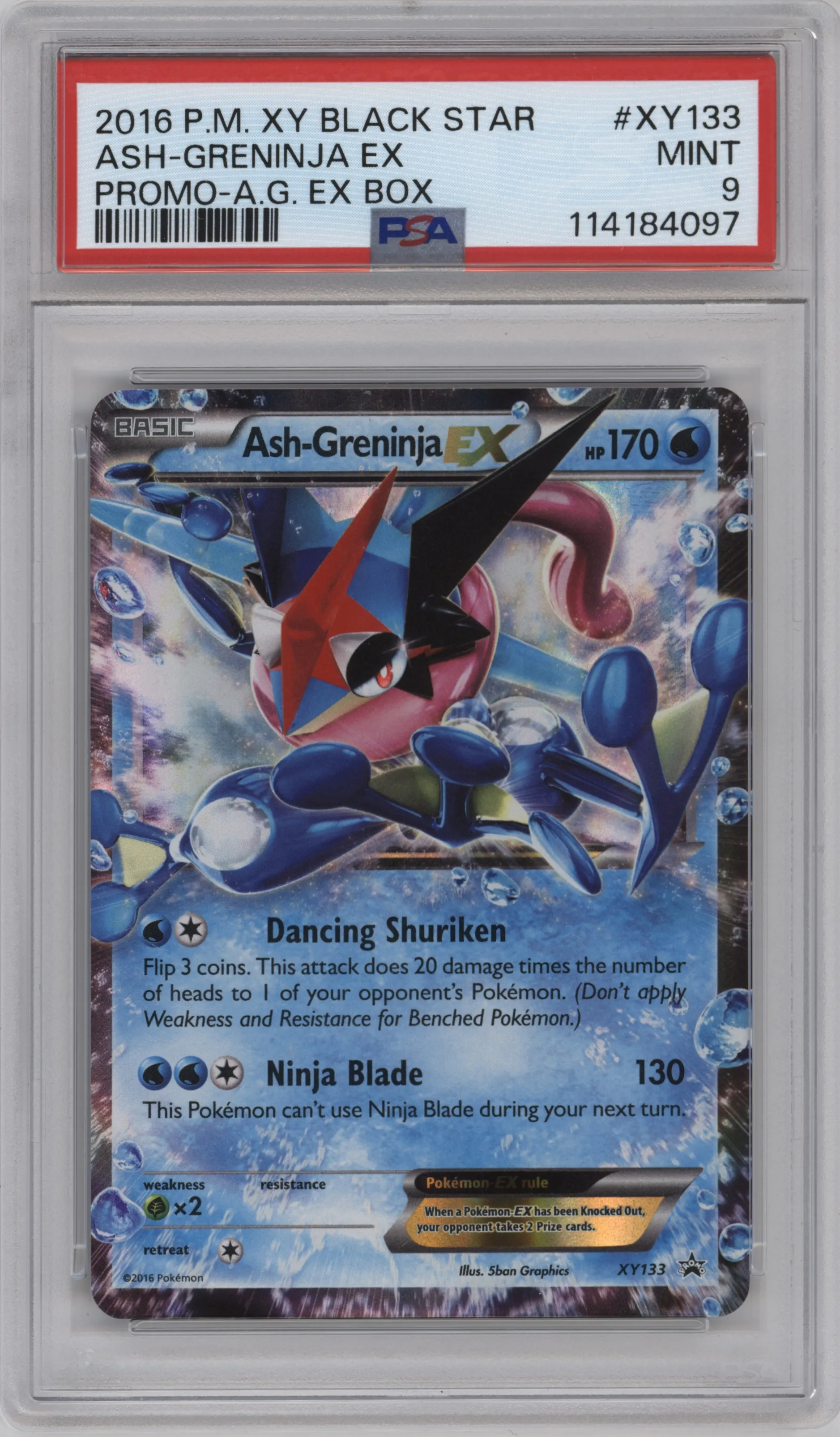 Ash-Greninja EX from the 2016 Pokemon XY set featuring a Ash-Greninja EX Box parallel graded by PSA and given an overall grade of 9.