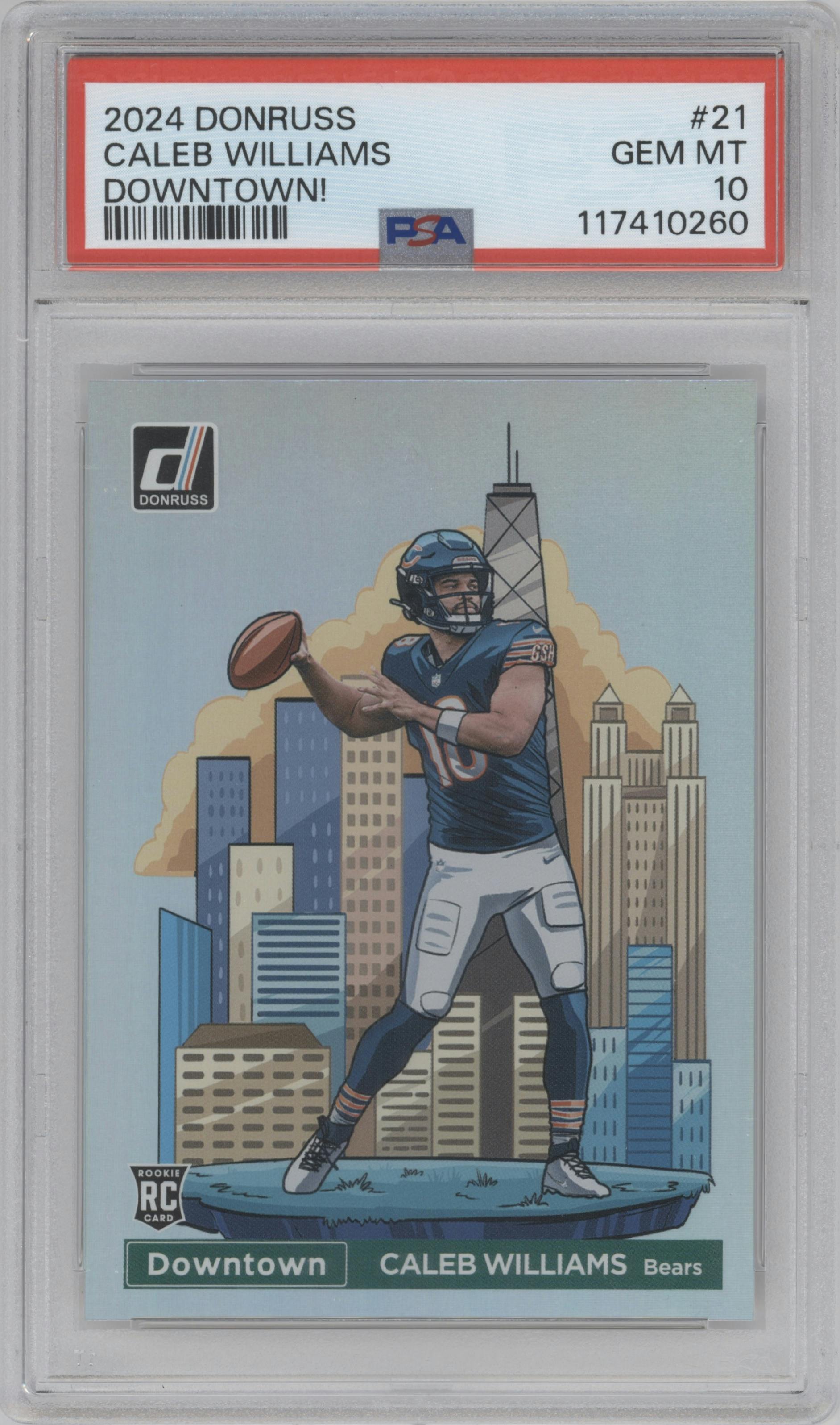 Caleb Williams from the 2024 Donruss set graded by PSA and given an overall grade of 10.