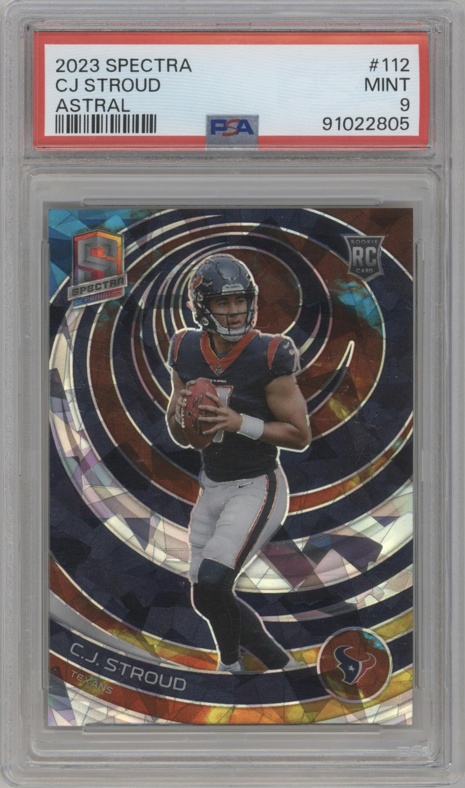 C.J. Stroud from the 2023 Panini Spectra set featuring a Astral parallel graded by PSA and given an overall grade of 9.