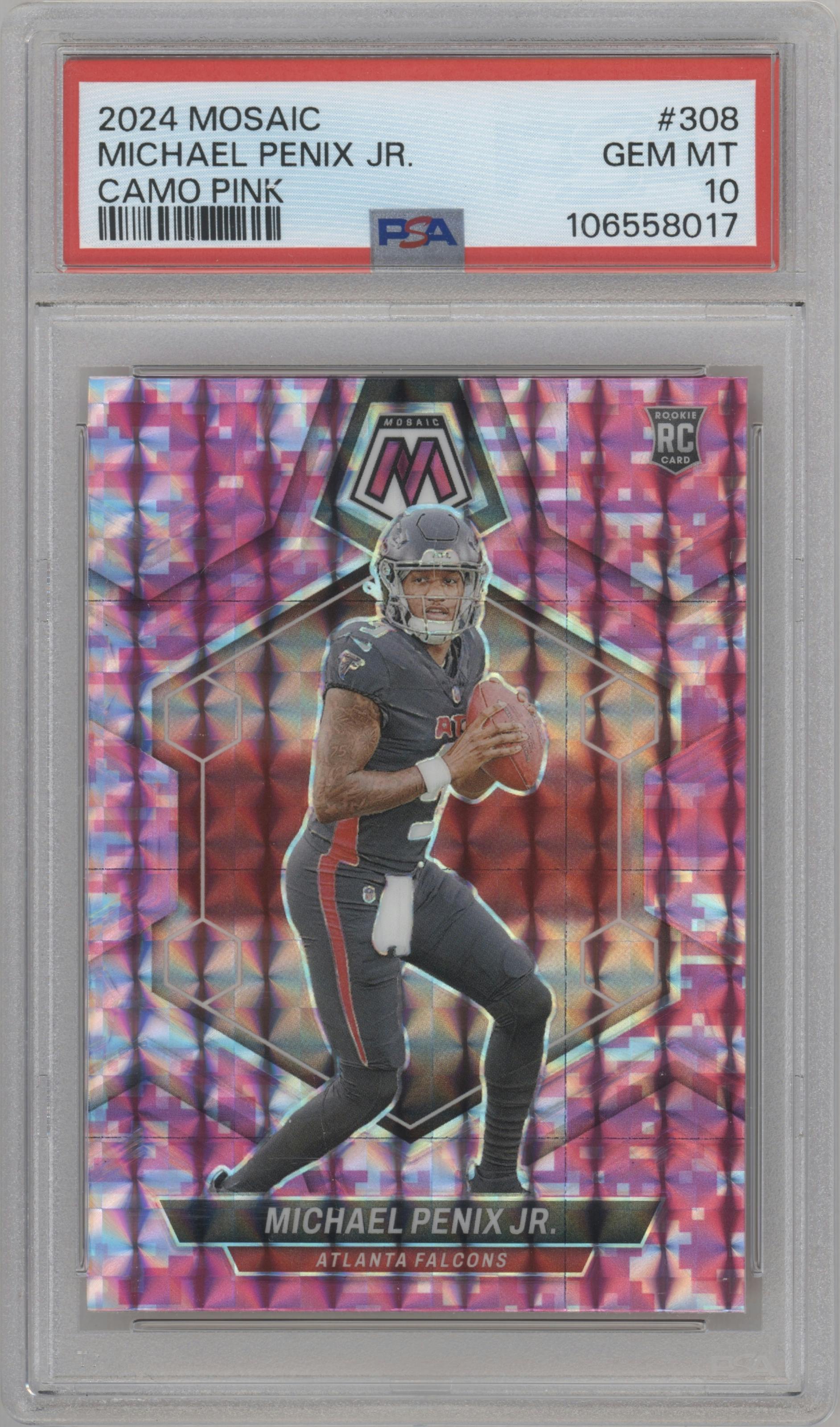 Michael Penix Jr. from the 2024 Panini Mosaic set featuring a Pink Camo parallel graded by PSA and given an overall grade of 10.