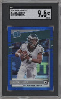 Jalen Hurts from the 2020 Panini Donruss Optic set featuring a Hyper Blue  parallel graded by SGC and given an overall grade of 9.5.