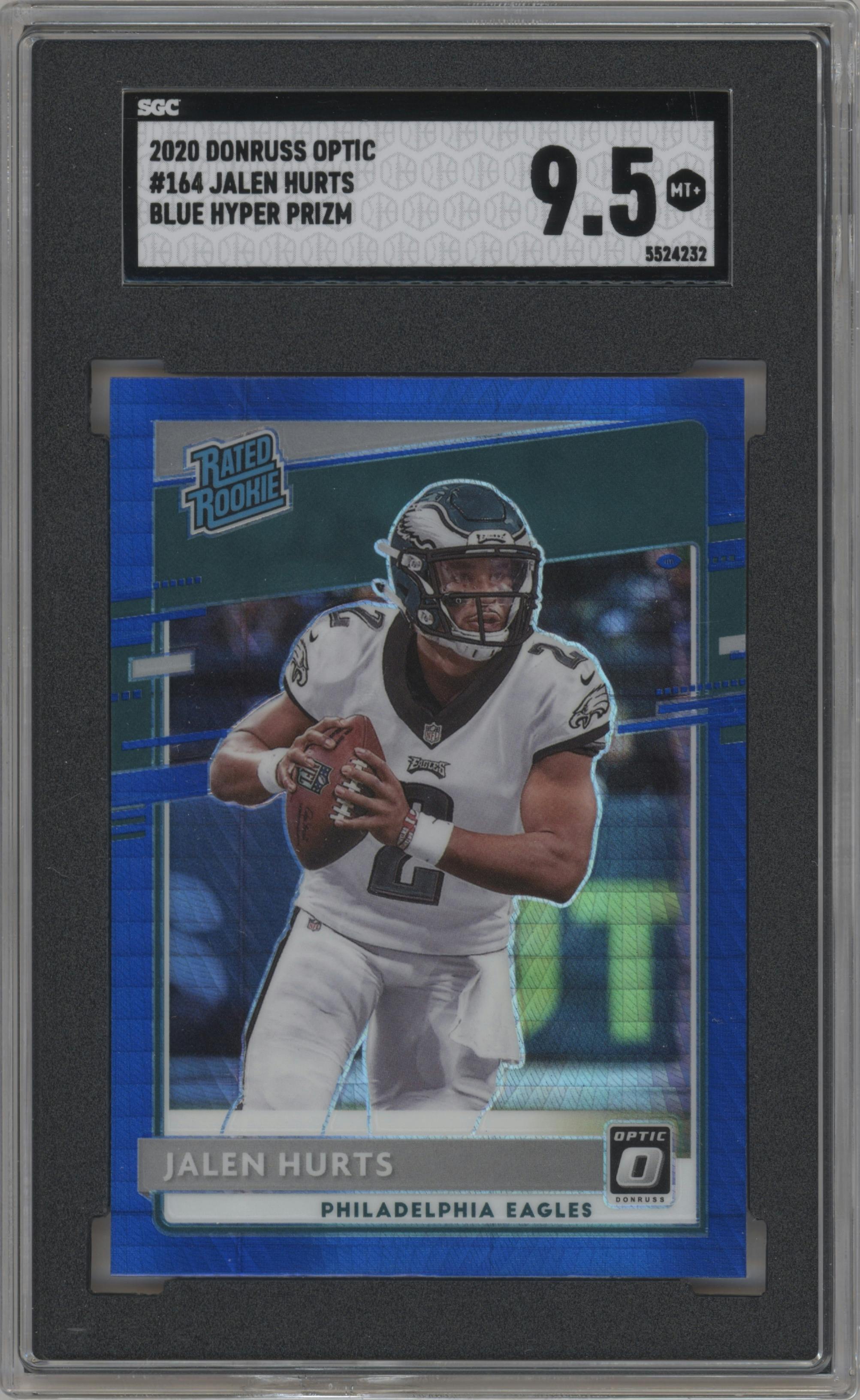 Jalen Hurts from the 2020 Panini Donruss Optic set featuring a Hyper Blue  parallel graded by SGC and given an overall grade of 9.5.