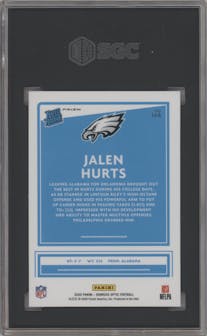 Jalen Hurts from the 2020 Panini Donruss Optic set featuring a Hyper Blue  parallel graded by SGC and given an overall grade of 9.5.