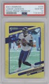 Lamar Jackson from the 2021 Panini Donruss set featuring a Press Proof Premium parallel graded by PSA and given an overall grade of 10.
