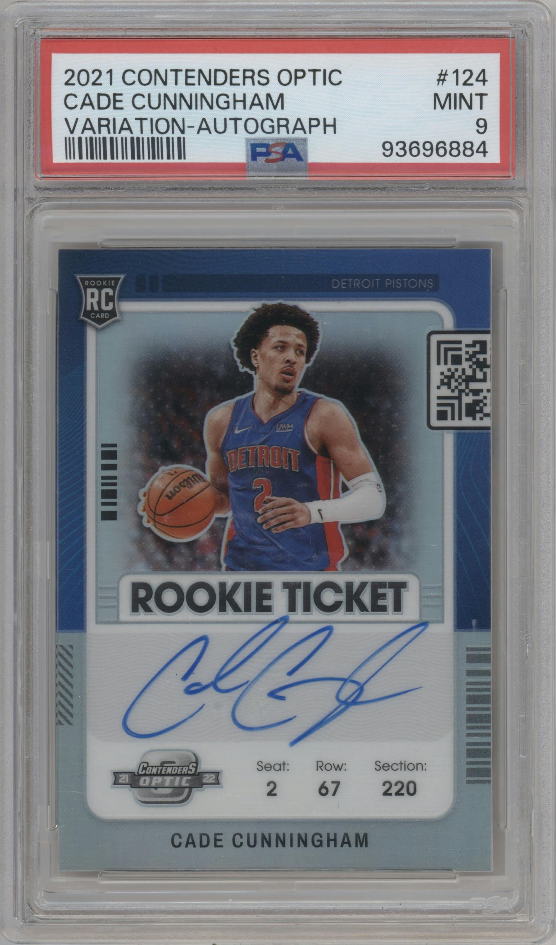 Cade Cunningham from the 2021-22 Panini Contenders Optic set graded by PSA and given an overall grade of 9.