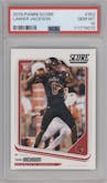 Lamar Jackson from the 2018 Panini Score set graded by PSA and given an overall grade of 10.