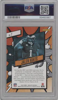 Jalen Hurts from the 2023 Panini Absolute set featuring a Gold parallel graded by PSA and given an overall grade of 10.