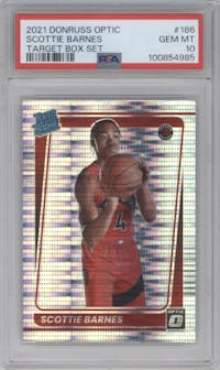 Scottie Barnes from the 2021-22 Panini Donruss Optic set featuring a Target Box Set parallel graded by PSA and given an overall grade of 10.