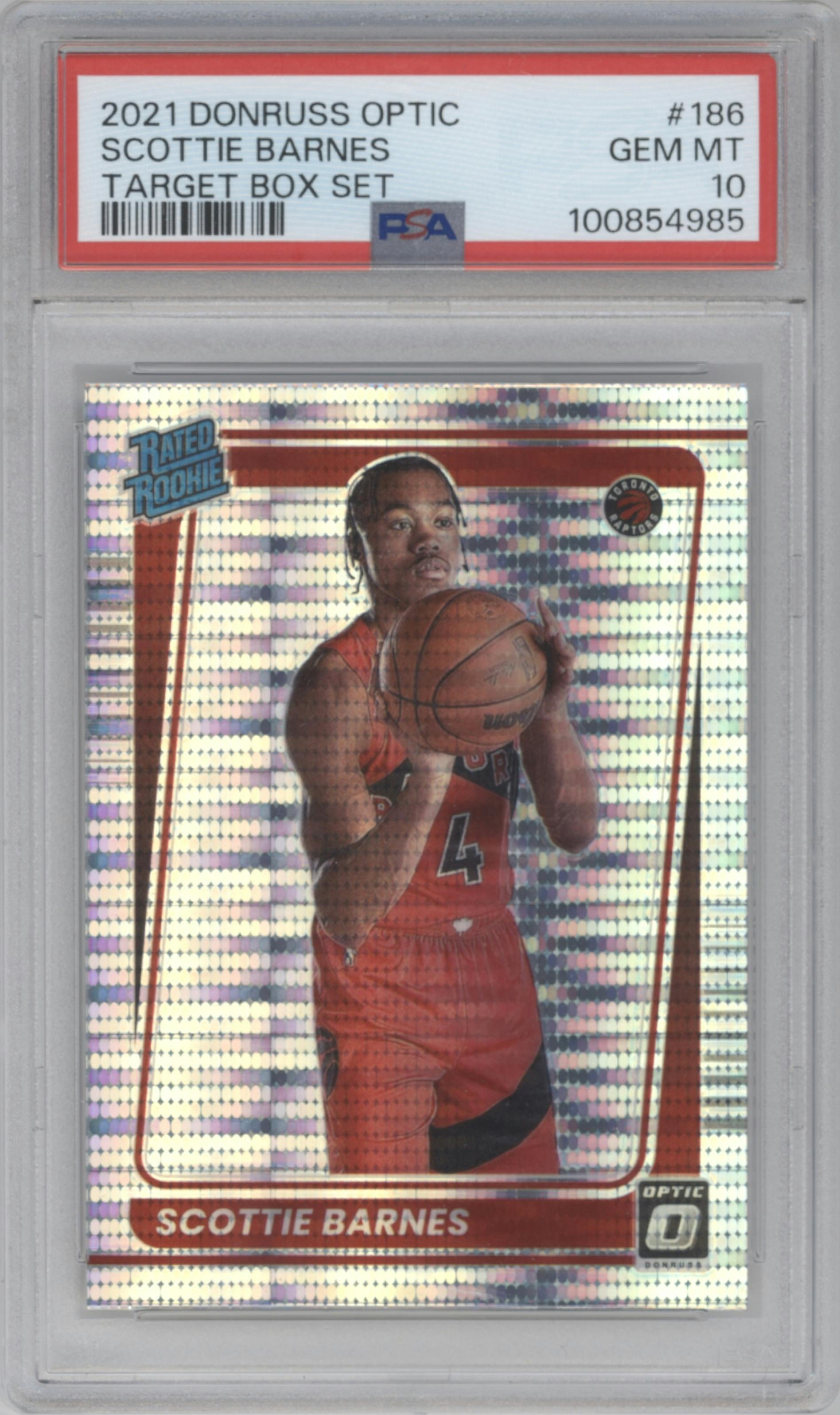 Scottie Barnes from the 2021-22 Panini Donruss Optic set featuring a Target Box Set parallel graded by PSA and given an overall grade of 10.