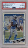 Brian Branch from the 2023 Donruss Optic set featuring a Holo parallel graded by PSA and given an overall grade of 10.