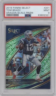 Tom Brady from the 2019 Panini Select  set featuring a Dragon Scale parallel graded by PSA and given an overall grade of 9.