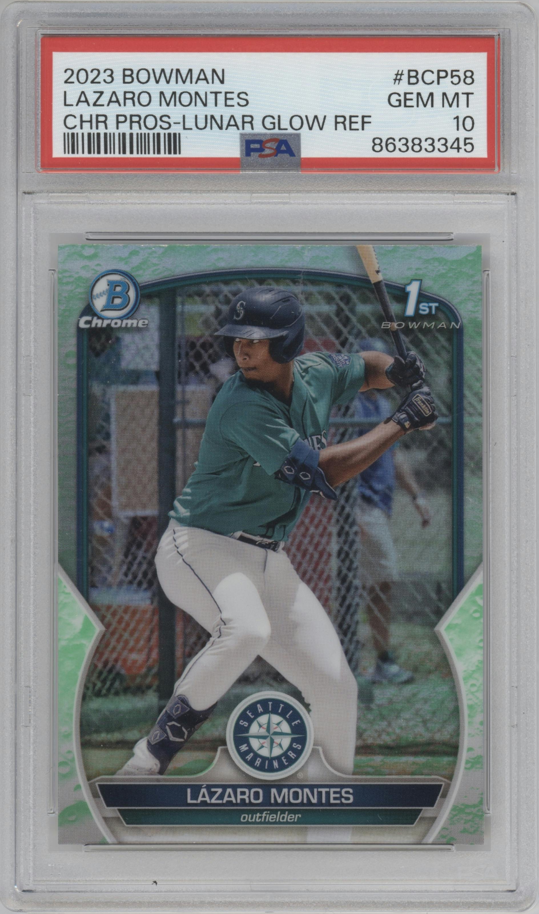 Lazaro Montes from the 2023 Bowman  set featuring a Lunar Glow Refractor  parallel graded by PSA and given an overall grade of 10.