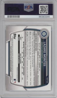 Lazaro Montes from the 2023 Bowman  set featuring a Lunar Glow Refractor  parallel graded by PSA and given an overall grade of 10.