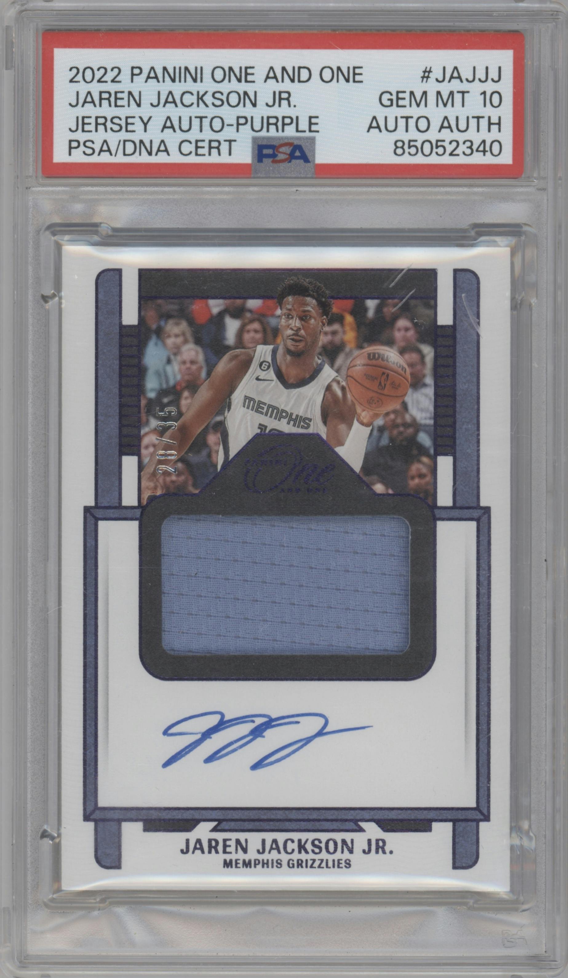 Jaren Jackson Jr. from the 2022-23 Panini One and One set featuring a Purple parallel graded by PSA and given an overall grade of 10.