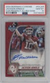 Jackson Arnold from the 2024 Bowman University Chrome set featuring a Red Shimmer parallel graded by PSA and given an overall grade of 10.