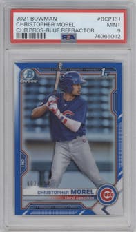 Christopher Morel from the 2021 Bowman set featuring a Blue Refractor parallel graded by PSA and given an overall grade of 9.