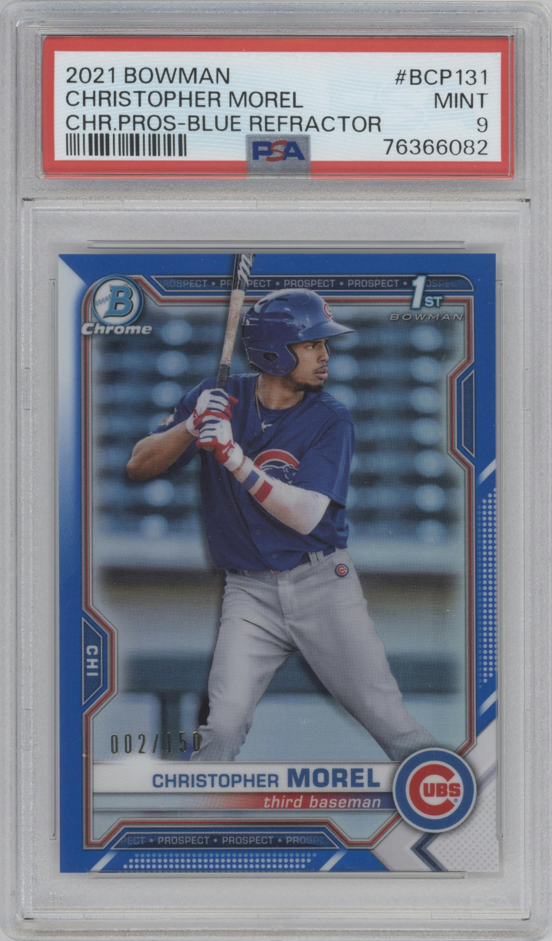 Christopher Morel from the 2021 Bowman set featuring a Blue Refractor parallel graded by PSA and given an overall grade of 9.