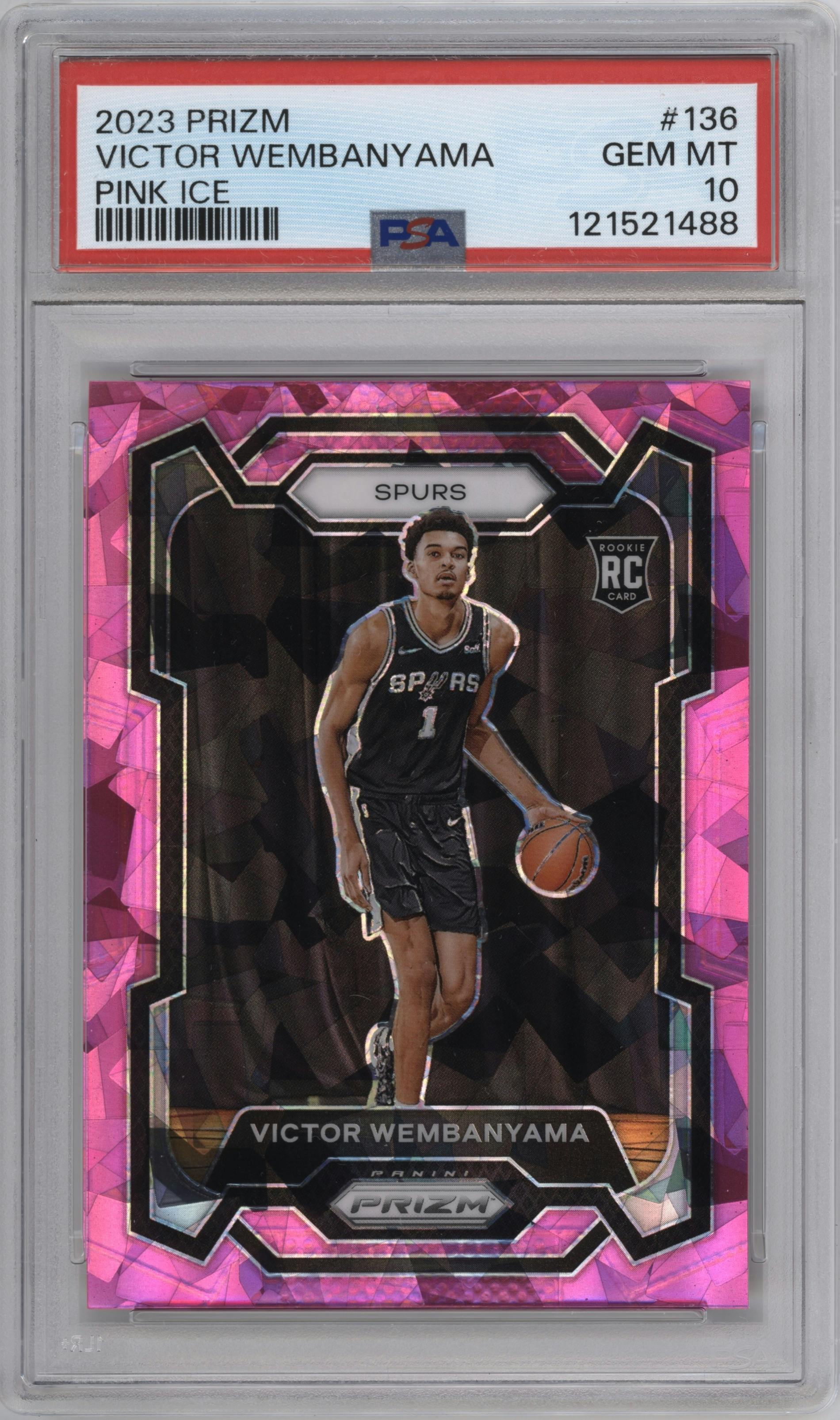 Victor Wembanyama from the 2023-24 Panini Prizm set featuring a Pink Ice parallel graded by PSA and given an overall grade of 10.