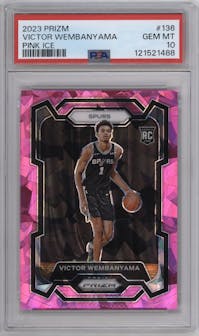 Victor Wembanyama from the 2023-24 Panini Prizm set featuring a Pink Ice parallel graded by PSA and given an overall grade of 10.